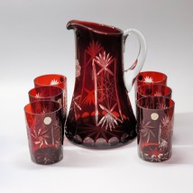Bohemia Crystal Ruby Red Cut To Clear 7 Piece Pitcher &amp; Tumbler Set - Mint - £123.50 GBP
