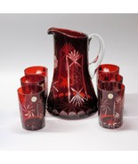BOHEMIA CRYSTAL Ruby Red CUT TO CLEAR  7 Piece Pitcher &amp; Tumbler Set - MINT - £122.44 GBP