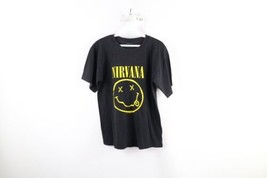 Vintage 90s Mens Small Faded Spell Out Nirvana Smiley Face Band T-Shirt Black - £78.91 GBP