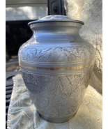 Pewter Finish Cremation Urn Ashes Etched Foliage Polished Brass Extra La... - $89.99