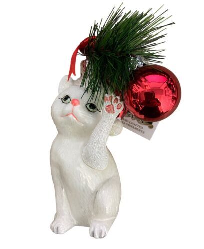 Noble Gems White Cat in Santa Hat Hand blown Glass Ornament 5 in NWT