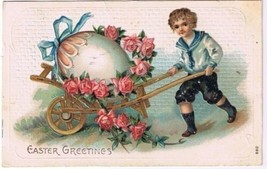 Kitchener Ontario Postcard Easter Egg Boy Cart Roses Whitney Made 1920 - $2.96