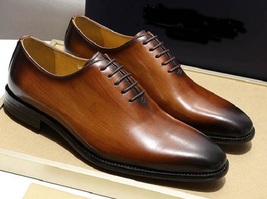 Handmade Wooden Brown Whole Cut Plain Toe Balmorals Genuine Leather Men Dress Sh - £124.59 GBP