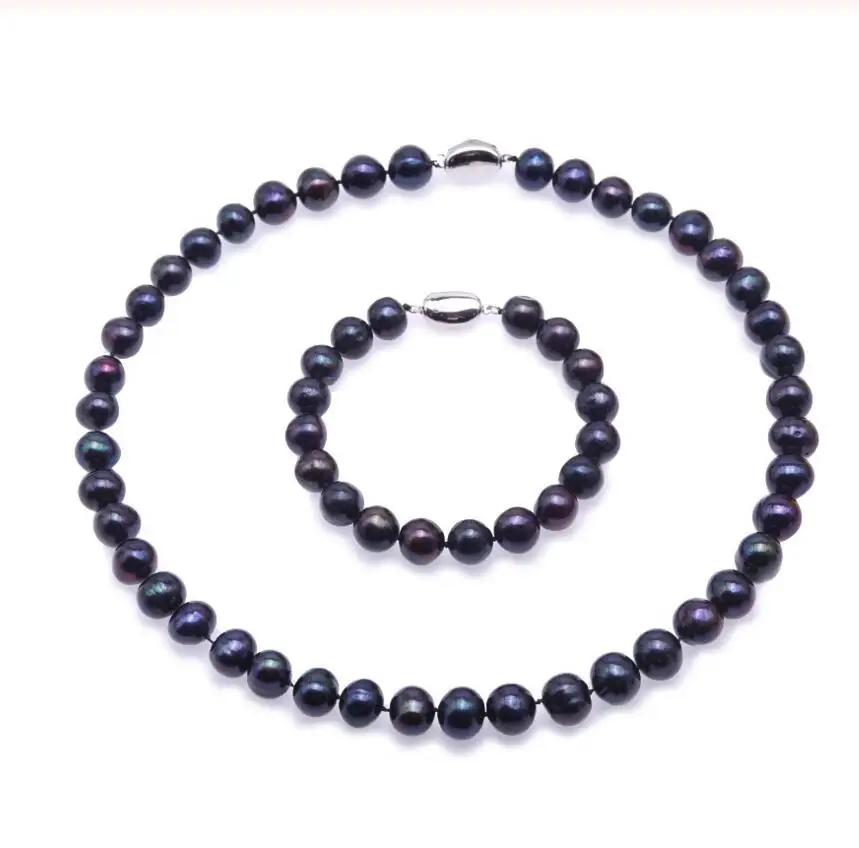 Free Shipping Real Pearl Set 10-11mm Black and Blue Cultured Freshwater Pearl - £62.89 GBP