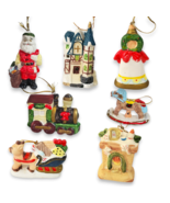 Set of 7 Vintage Porcelain Christmas Ornaments - Santa, Reindeer, Train - $6.50