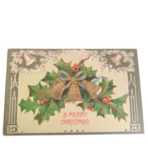 Postcard Merry Christmas Holly Snow Bells Gilded German Embossed Unposted - £16.76 GBP