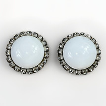 Vintage White Moonstone Cabochon Clear Crystal Glam Clip On Earrings Sil... - $26.87