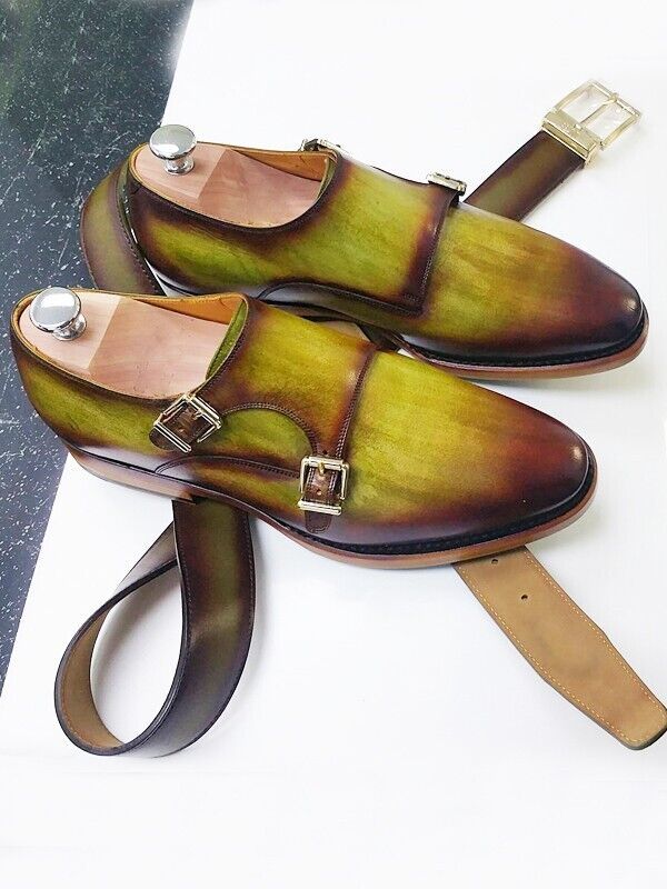 Men Bespoke Olive Green Patina Double Monk Shoes Handmade Dress Shoes and Belt.