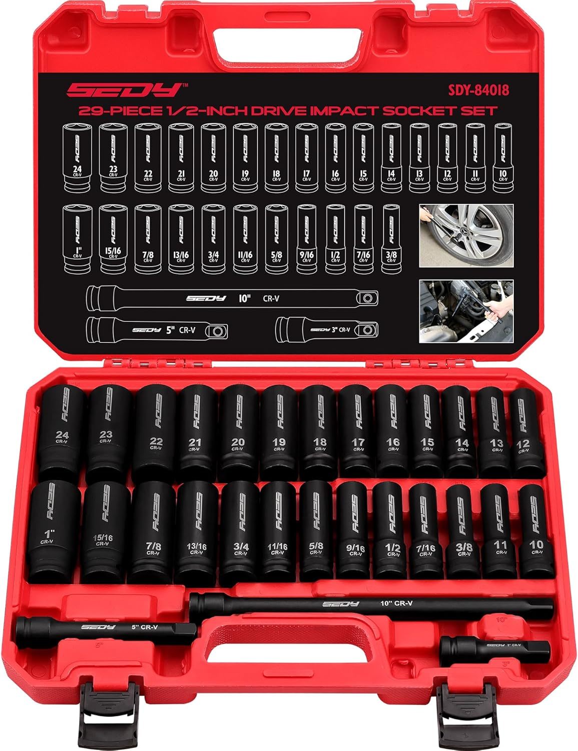 29-Piece 1/2&quot; Drive Impact Socket Set, Sae (3/8 To 1 Inch) And Metric (1... - $56.98