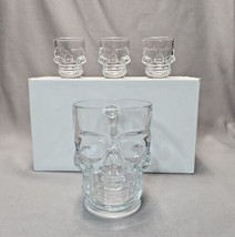 Heavy Clear Glass Skull Skeleton Bone Mug Tankard Beer Stein &amp; 3 Shot Glasses - £19.89 GBP