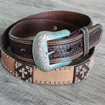 Western Ranger Belt 42 Leather Brown Spiritual Concho Studded Buckle Snaps Rodeo - £26.52 GBP