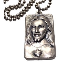 Vintage Sterling Silver 925 Jesus Sacred Heart Details Medal Necklace 20” - $125.00