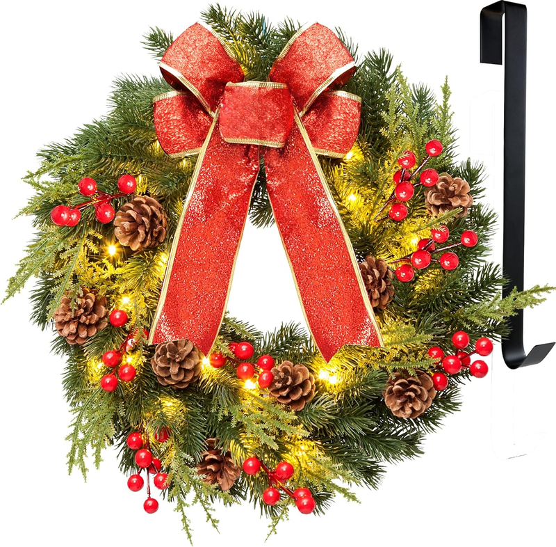 Christmas Wreath 16 Inches, with Metal Hanger, Pre-Lit Artificial Christmas Fron Item image 8
