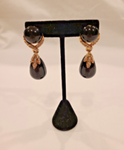 Yellow Gold Tone Black Round and Pear Drop Crystal Pierced Dangle Earrings - £47.01 GBP