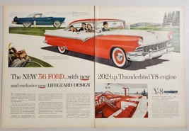 1956 Print Ad Ford Fairlane Victoria Red & White,Ford Thunderbird in Country - $19.78