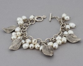 Retired Silpada Sterling Silver Leaf &amp; Freshwater Pearl Dangle Bracelet B1631 - £62.92 GBP