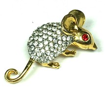 Vintage Pave Rhinestone Mouse Figural Pin Gold Tone - Red Eye - 1.5&quot; X .... - £7.83 GBP