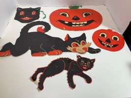 (5) Vintage Used Halloween Paper Cardboard Decorations Black Cats, Pumpkins - £78.59 GBP