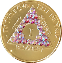 Gold Plated AA Medallion Amethyst AB Swarovski Crystal Sobriety Chip Year 1 - 50 - £11.79 GBP