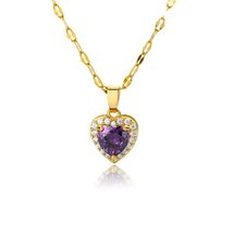 Purple Cubic Zirconia Heart Necklace For Women Stainless Steel Lip Chain Crystal - £19.57 GBP