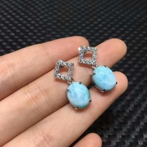 925 Sterling Silver Oval  Earrings Cat Natural Precious Larimar Top Quality Fine - £57.52 GBP