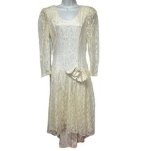 vintage 80s lace long sleeve High Low big bow dress - £43.01 GBP