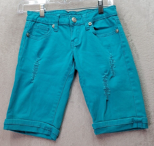 Reign Shorts Womens Size 0 Teal Medium Wash Cotton Pockets Distressed Flat Front - £14.78 GBP