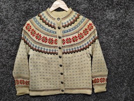Vintage Cardigan Sweater Women Medium Brown Fair Isle Crew Neck Button Up - £29.48 GBP