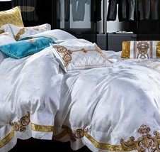 6pc/10pc White Cotton Luxury Royal Embroidered Silk Queen King Duvet Cover Set - £244.49 GBP+