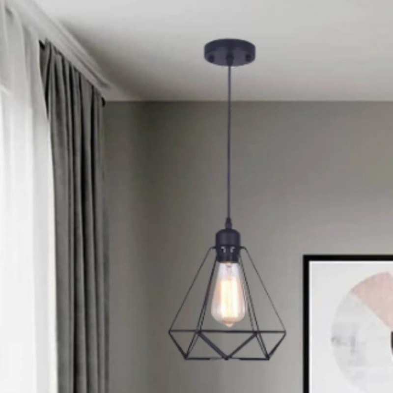 Al pendant light led chandelier st64 bulb black metal wire cage hanging lamp shade wall thumb200
