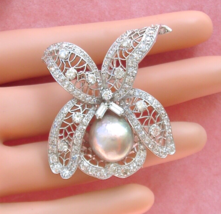 Antique 5ctw Diamond 15.5mm PINKISH-GREEN South Sea Pearl Orchid Brooch Pin 1930 - $4,553.01