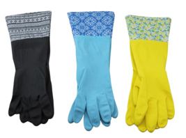3 pair Decorative Rubber Dish Washing Gloves with Cuff Size medium Fits Most - £10.97 GBP