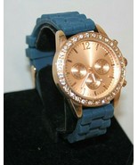 Geneva Wrist Watch Blue Band Rose Gold  Woman Chrono Style 38mm Rhinestones - £14.47 GBP