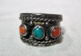 Vintage Navajo Old Pawn Sterling Silver Turquoise Coral Ring Size 8 1/2 K1465 - £46.19 GBP