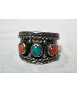 Vintage Navajo Old Pawn Sterling Silver Turquoise Coral Ring Size 8 1/2 ... - £46.15 GBP
