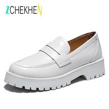 White Black Chunky Loafers Women Split Leather Platform Shoes Round Toe Slip on  - £65.84 GBP
