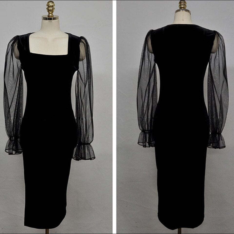 Spring Square Collar Mesh Puff Sleeve High Waist Vintage Black Velvet Dress Item image 6