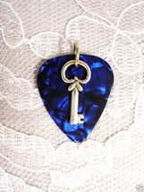 DK BLUE GUITAR PICK w COOL KEY CHARM PENDANT NECKLACE - $4.99