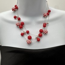 Vintage Red Ball Beaded Necklace Triple Strand Gold Tone Chain 18-21&quot; Lo... - $21.29 CAD