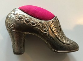 Victorian Occupied Japan (Stated) Silver Metal Shoe Pincushion W/PINK/RED Insert - £20.55 GBP