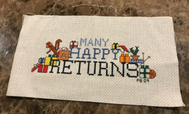 MANY HAPPY RETURNS stacked Gifts/Presents Completed Cross Stitch 9&quot; X 5&quot;... - £14.73 GBP