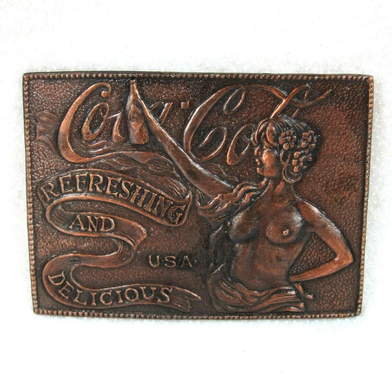 Primary image for Vintage Coca Cola Metal Belt Buckle Pinup Nude Lady Refreshing & Delicious USA