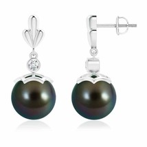 Tahitian Cultured Pearl Earrings with Diamond in 14k Solid Gold (AAAA, 10MM) - £1,511.67 GBP