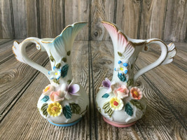 Vintage Small White Porcelain Water Pitcher Flower Vase 3-D Flowers Taiwan - £13.96 GBP