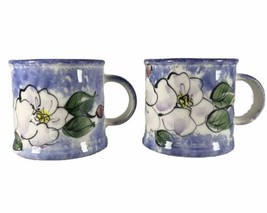 2 Hand Painted Bermuda Clayworks Pottery 11oz Coffee Mugs Blue Florals 3.5” - £27.40 GBP