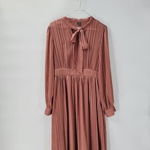 Shein Maxi Dress M Pink Sparkle Stripes Tie Neck Long Puff Sleeve Shirred Waist - $19.39