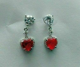 4.50 Ct Heart Cut Red Ruby &amp; Diamond Drop/Dangle Earrings 18K White Gold Over. - £84.65 GBP