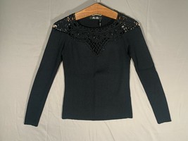 MOI MOI Womens Medium M Black Beaded Crochet Neck Blouse Long Sleeve Lig... - £10.95 GBP