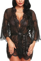 RSLOVE Lace Kimono Robe Babydoll Lingerie &amp; G-String Panty Black XLarge NWT - £32.24 GBP