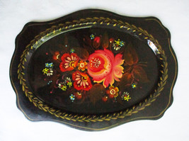 Floral Hand Painted Metal Tole Tray Scalloped Edge Oval 9.75&quot; x 7&quot; Vintage - £10.59 GBP